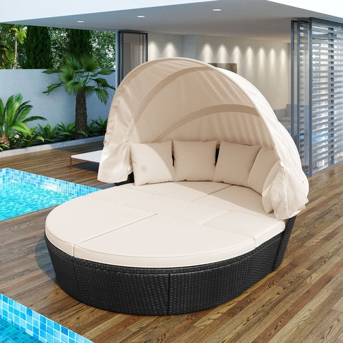 Outdoor rattan daybed sunbed with Retractable Canopy Wicker Furniture