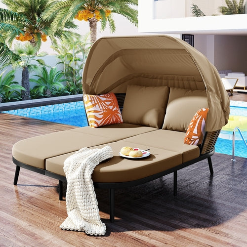 74.8" L Patio Daybed with Retractable Canopy, Outdoor Rattan PE Wicker