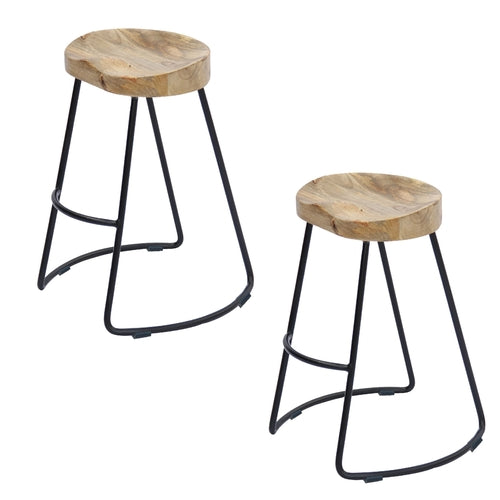 Ela 30 Inch Mango Wood Industrial Barstool, Saddle Seat, Iron Frame,