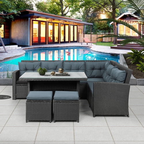 6-Piece Patio Furniture Set Outdoor Sectional Sofa with Glass Table